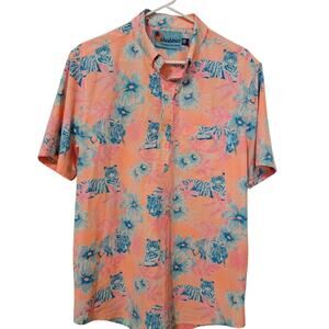 Chubbies Hawaiian Polo Shirt Floral Tigers Size Large Pink Orange Blue Gorgeous